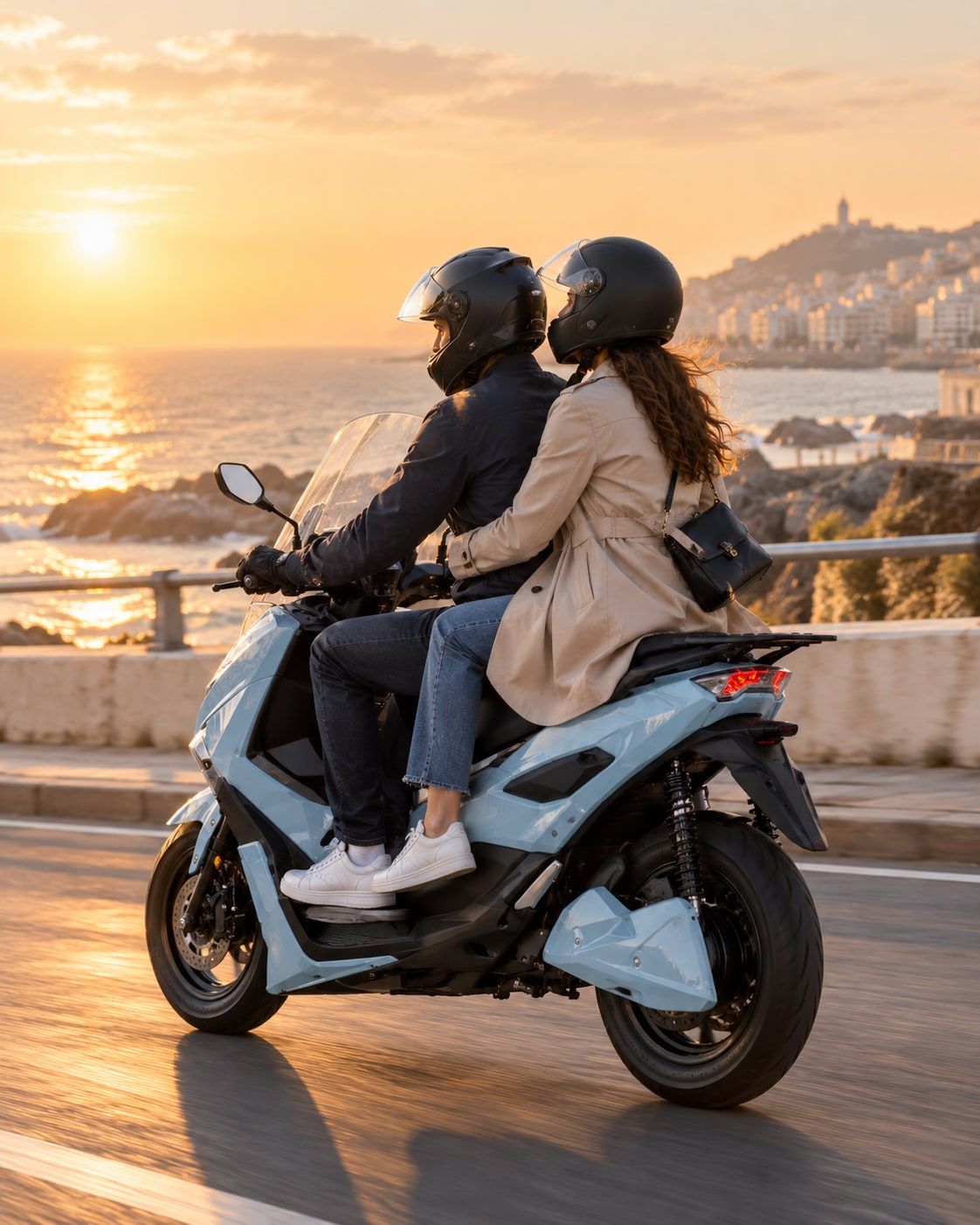 Two people riding a Potensia along a seafront road at sunset