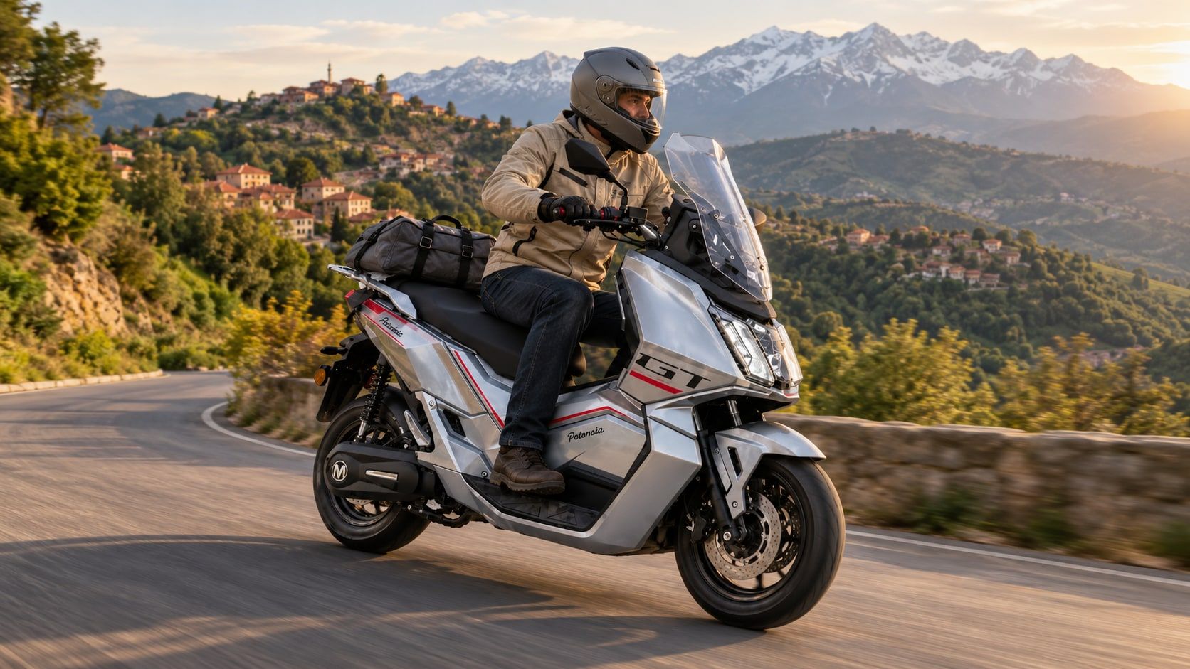 Un motard sur une Potensia T11 argent dans un virage de montagne en Kabylie, le Djurdjura en arrière-plan